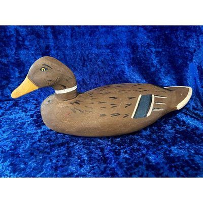 Wooden Duck Decoy Hand-Painted Brown Yellow Blue Details Vintage Style. Hand-painted wooden duck 