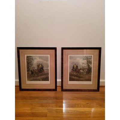 Framed Prints Horse-Drawn Carriages Victorian Style Multi-Color Dark Brown Frame. Pair of framed 