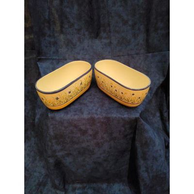 Hand-Painted Ceramic Bowls Floral Pattern YellowBlueGreen Oval Pair. Pair of hand-painted oval 