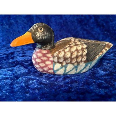 Hand-Painted Wooden Duck Figurine Multi-Color Stylized Feathers Dated 1984 Signed T. Heinrich. Ha 