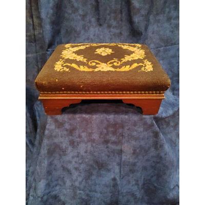 Footstool - Multi-color Floral - Dark Brown. Vintage footstool with dark needlepoint upholstery 