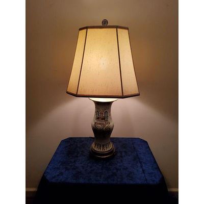 Table Lamp Asian Inspired Ceramic Multi-Color Vase Chinese Symbol Finial. Decorative Asian 