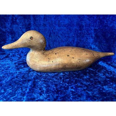 Wooden Duck Decoy Carved Natural Brown Wood Tone Orange Eyes Minor Wear. Carved wooden duck 