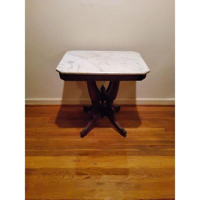 Antique Side Table Victorian Style White Marble Top Dark Wood Base. Antique side table with a 