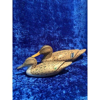 Hand-Carved Wooden Duck Decoys - Brown Tan White Weighted Keels Vintage Pair. Pair of vintage 
