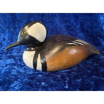 Hand-Painted Wooden Decoy Hooded Merganser Brown Black White Coloring. Hand-painted wooden duck 