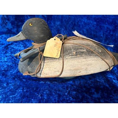 Wooden Duck Decoy Dark Gray White Vintage Weighted Keel. Vintage wooden duck decoy with dark 