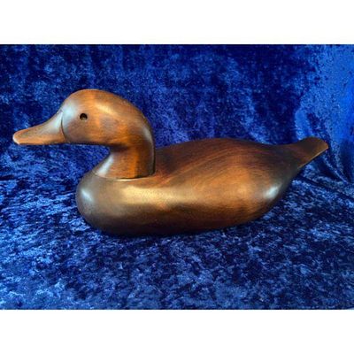 Wooden Duck Decoy Hand-Carved Dark Brown Signed PLB. Dark brown hand-carved wooden duck decoy 