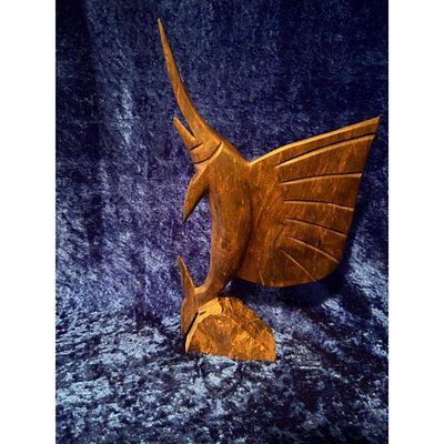 Hand-Carved Wooden Sculpture Sailfish Intricate Details Dark Brown Finish. Hand-carved wooden 