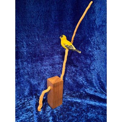 Bird Figurine Goldfinch on Branch Hand-Carved Painted Vintage by 208. Hand-carved and painted 