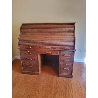 Roll-Top Desk - Solid Oak Finish, Multiple Drawers, Classic Design, Medium Brown. Roll-top desk 