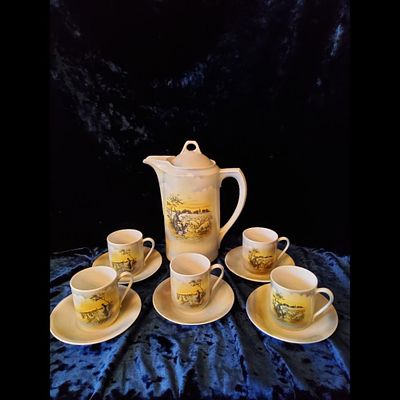 TK Unity Germany Coffee Set - Vintage, Cream, Landscape Design, Includes Carafe and 5 Cups. TK 