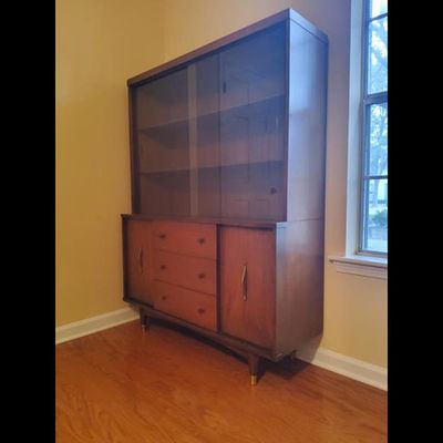 Mid-Century Modern China Cabinet - Hutch, Glass Sliding Doors, Three Drawers, Two Lower 