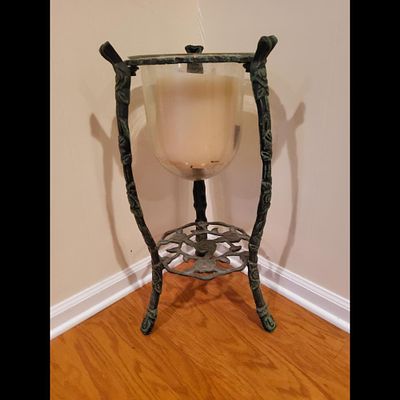 Urn Stand - Metal, Floral Design, Decorative. Metal urn stand with patina finish supports a 