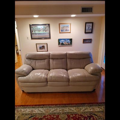 Sofa - Beige Leather, Three-Seater, Comfortable. Beige leather sofa offers comfort and classic 