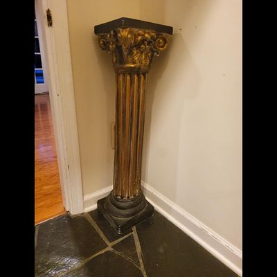 Column Pedestal Display Stand - Gold Finish, Black Top. Composite furniture pedestal in a gold 