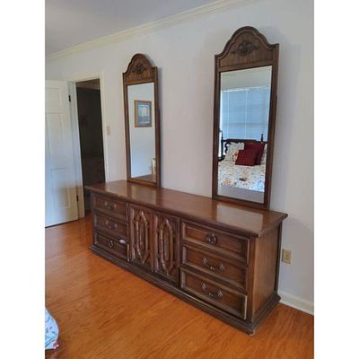 Traditional Carved Wood Dresser with Mirrors Medium Brown Finish. A wood dresser with a medium 