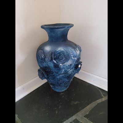 Floral Embossed Vase, Decorative, Blue. Floral embossed ceramic vase in a blue color. Item has 