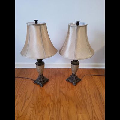 Pair Traditional Dark Bronze Table Lamps Cream Shades Minor Wear. Pair of table lamps featuring 
