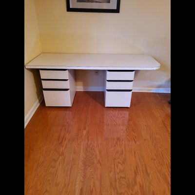 Improvised Desk, Two White - 3 Drawers Bases, With White Laminate Top, Office Furniture. Furnitu 