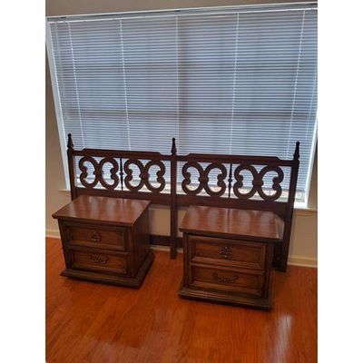 Wooden Ornate Bed Headboard and Two 2-Drawer Nightstands Set, Dark Brown. Furniture set includes 