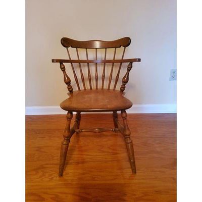 Vintage Wooden Windsor Style Captains Arm Chair - Spindle Back, Turned Legs, Medium Brown. Furnit 