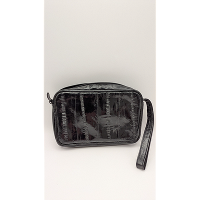Black Eel Skin Clutch Bag - Rectangular, Top Zip Closure. Description: Black eel skin clutch bag 
