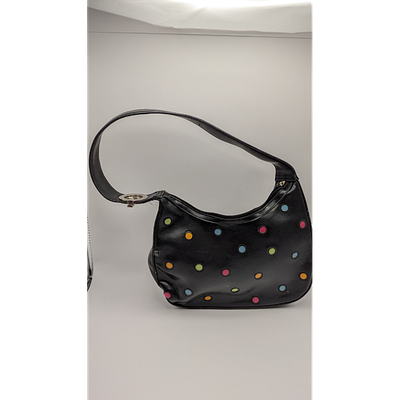 Polka Dot Handbag, Black, Purse. Description: Black faux leather handbag with polka dots. 