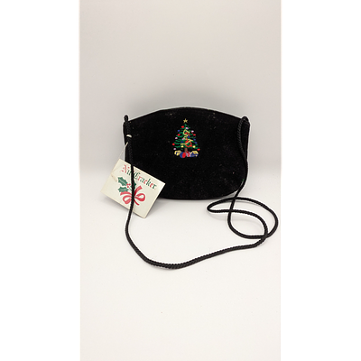 Nutcracker Handbag - Christmas Tree Embroidery, Black Velvet, Small. Description: Black velvet 