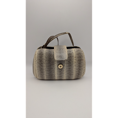 Snakeskin Handbag - Vintage Style, Top Handle, Button Closure. Description: Gray and beige 