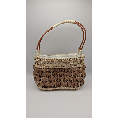 Woven Handbag - Natural Fiber, Leather Handle. Description: Brown and beige woven handbag with 