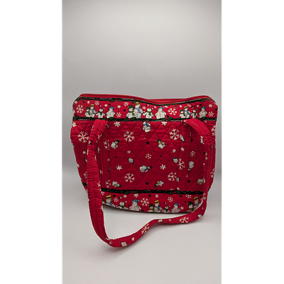 Tote Bag - Quilted, Snowman Pattern, Red. Description: Red quilted tote bag with a snowman and 