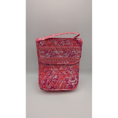 Floral Quilted Handbag, Pink. Description: Pink quilted handbag with a floral pattern and 