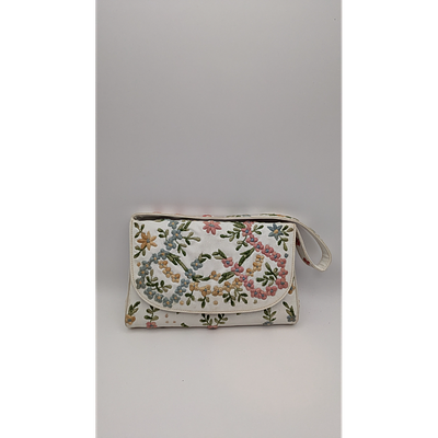Floral Embroidered Clutch - Wristlet Purse, White. Description: White floral clutch with 