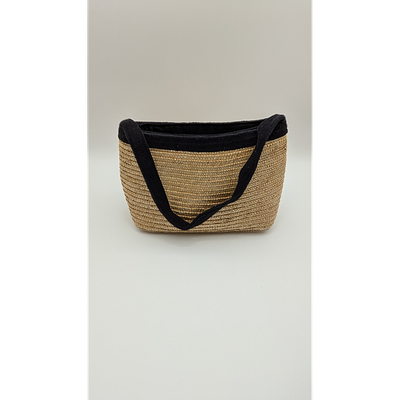Woven Handbag - Black Trim, Woven Design. Description: Brown and black woven handbag with black 