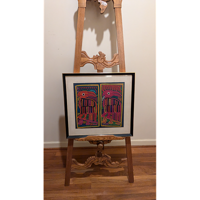 Framed Mola Art Panel, Textile Art, Framed Artwork. Description: Framed mola art panel featuring 