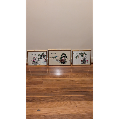 Vintage Chinese Silk Embroidery Art Set, Framed Asian Art, Wall Decor. Description: Set of 3 