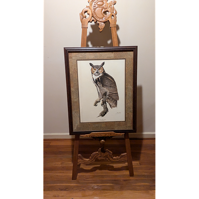 Ray Harm Great Horned Owl Framed Print, Signed. Description: Ray Harm framed print featuring a 