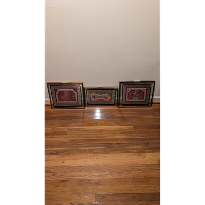 Framed Textile Art - Set of 3, Unique Designs. Description: Framed textile art set with 