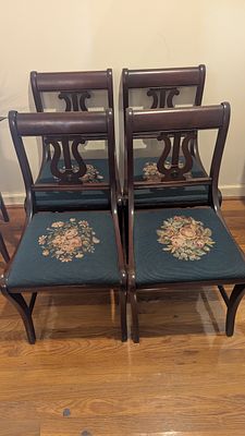 Antique Lyre Back Chairs, Set of 4, Floral Upholstery. Description: Brown antique lyre back 