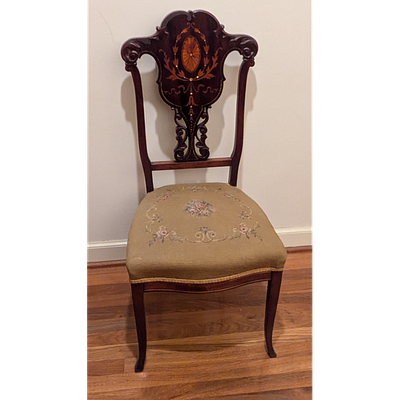 Antique Chair - Intricate Inlay, Floral Upholstery. Description: Antique brown wood chair with 