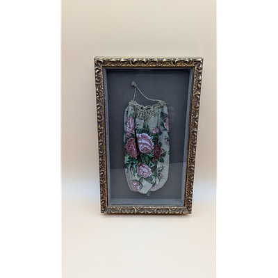 Vintage Beaded Purse in Shadow Box, Floral Design. Description: Vintage beaded purse displayed 