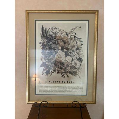 Home Decor - Gold Floral Print. Vintage-style framed botanical print, "Fleurs du Sud, " 