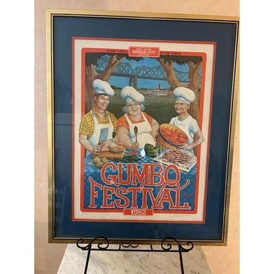 Art Print Gumbo Festival Chefs Vibrant Multi-Colors Gold-Tone Frame. A framed George Rodrigue 