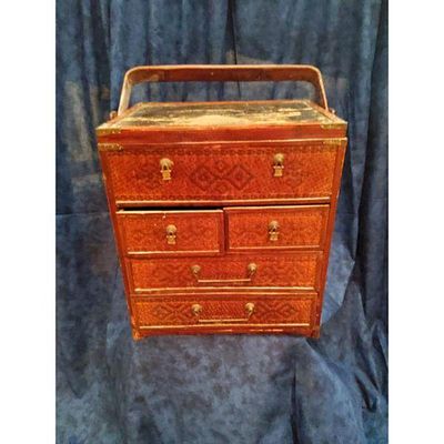 Miniature Chest Woven Design Reddish-Brown Wood Brass Hardware. Reddish-brown wood and woven 