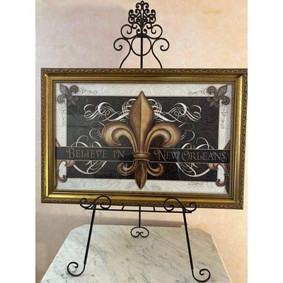 Home Decor Gold Fleur-de-Lis Art. Decorative framed art featuring a gold fleur-de-lis and 