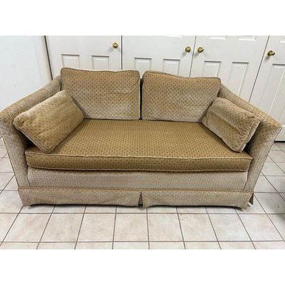 Beige Loveseat Sofa - Classic Skirted Base Woven Fabric Plush Cushions. Beige two-seater 