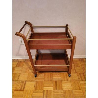 Serving Cart - Mid-Century Modern Dark Wood Brass Caster Wheels. Mid-Century Modern two-tier 