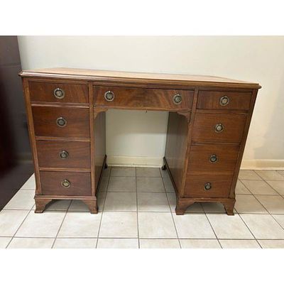 Double Pedestal Desk - Traditional Style Dark Brown Wood Brass Hardware. Used traditional style 