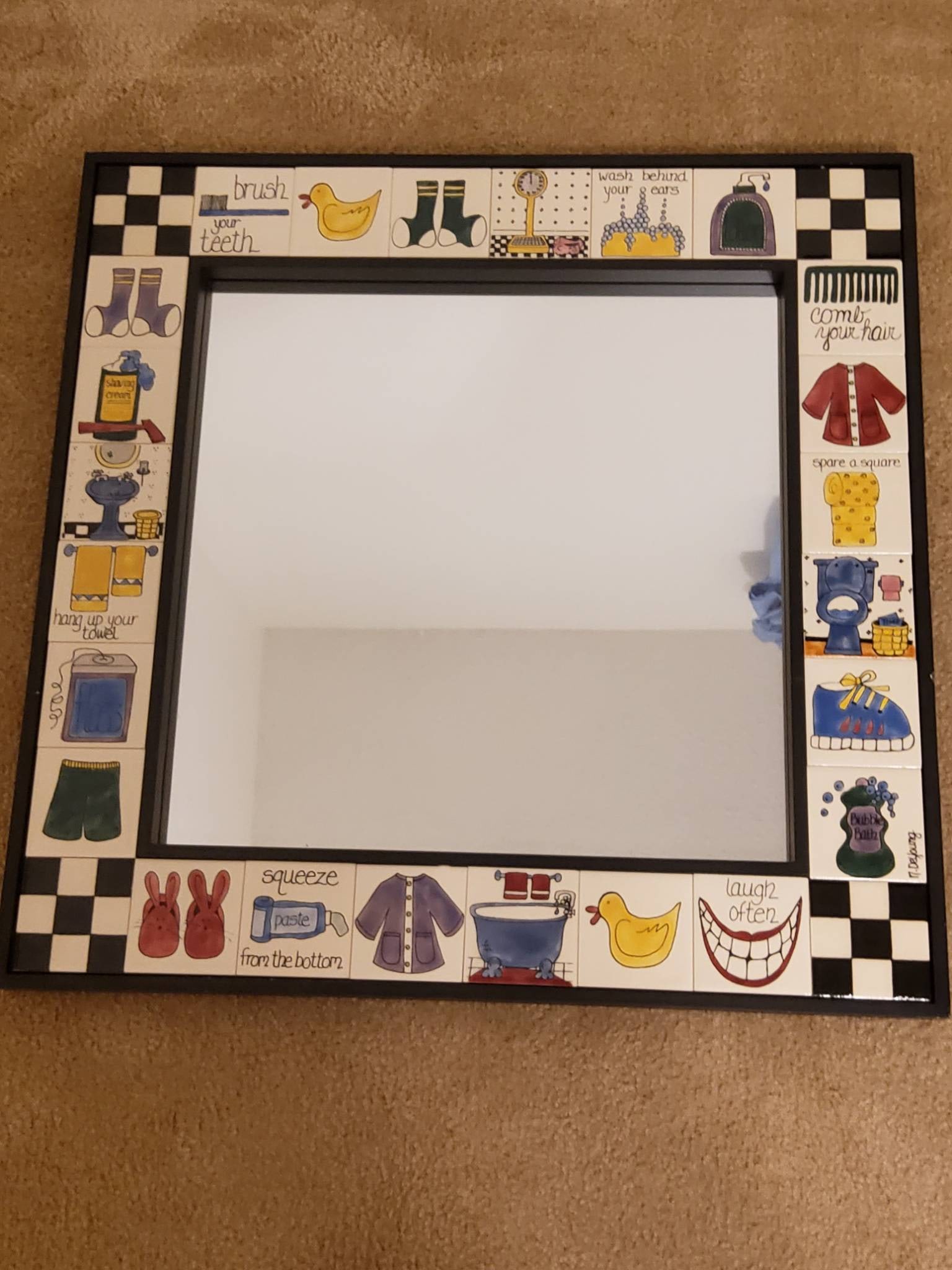 Square Mirror With Ceramic Hand-Painted Tile Frame